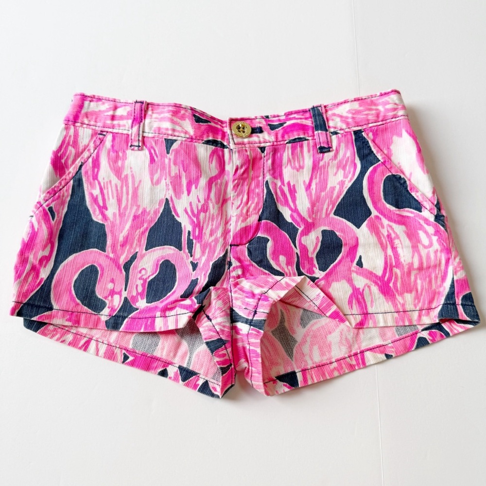 Lilly Pulitzer Girls Flamingo Print Shorts Neon Pink Navy size 7